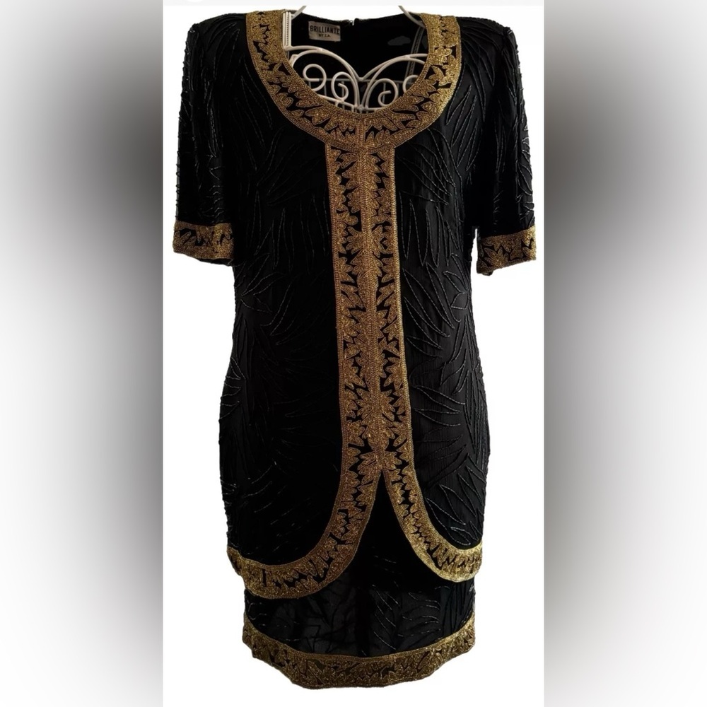 Ballroom Dancing Black and Gold Sequined Dress, L